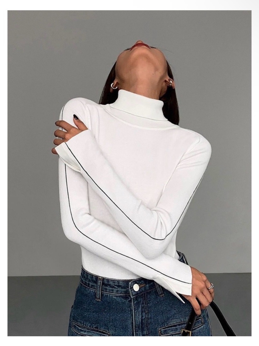 White Turtleneck Long Sleeve Top Commense Minimalist Knit Pullover